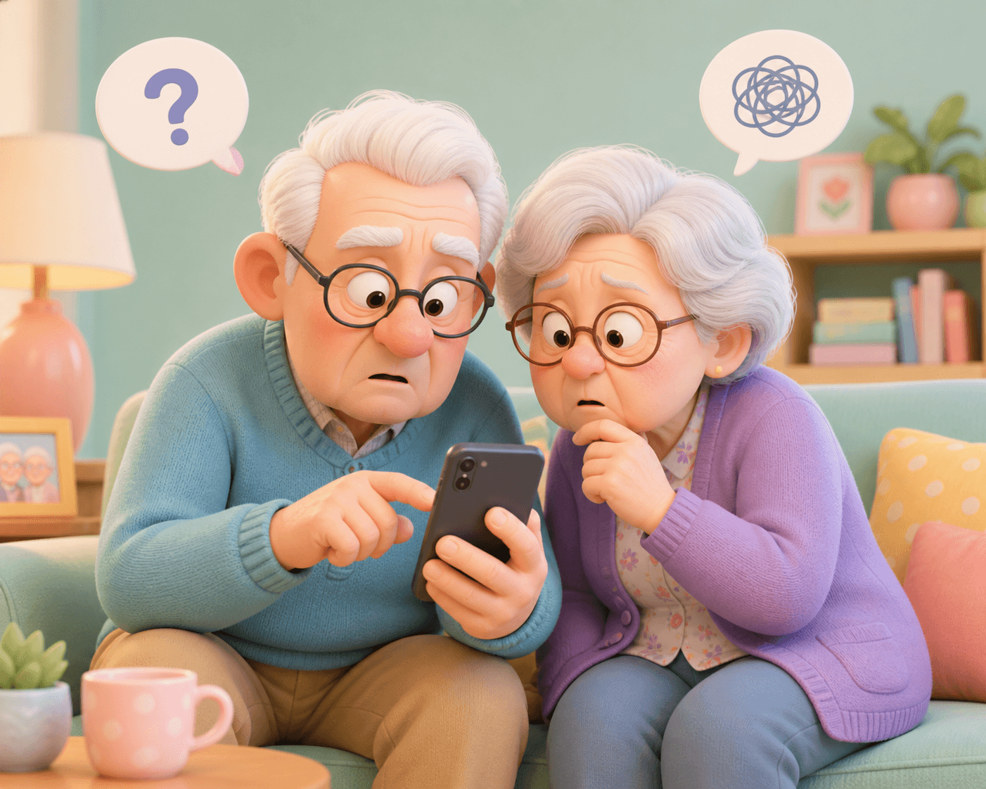 Older adults looking at a phone while feeling confused