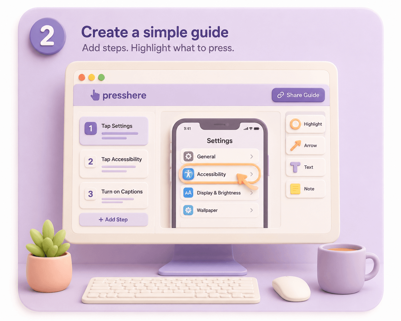 PressHere guide builder showing highlighted steps on a phone screen